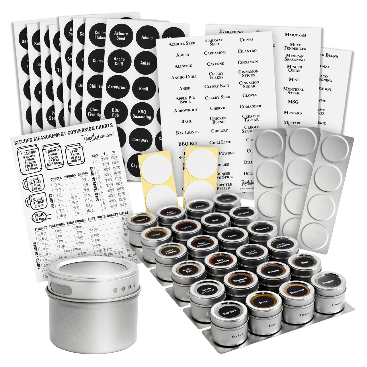 Talented Kitchen 24 Magnetic Spice Jars with Sift and Pour Lids for Refrigerator with 6 Metal Plate Bases and 269 Preprinted Seasoning Labels in 2